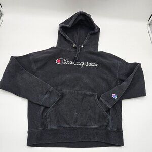 Vintage Champion Reverse Weave Black Hoodie Medium Sweatshirt Embroidered Logo